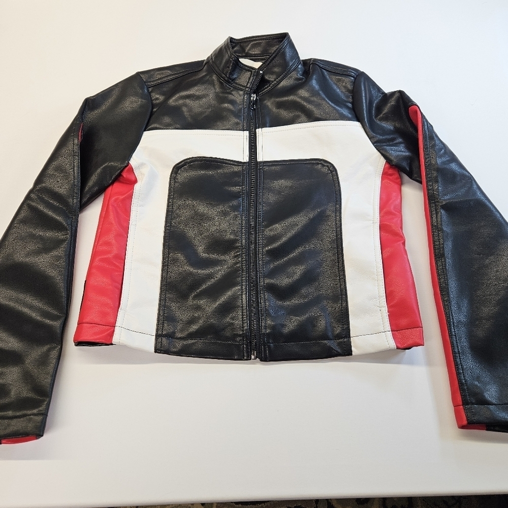 Stoosh Black and Red Faux Leather Racer Jacket Full Zipper Small NWT